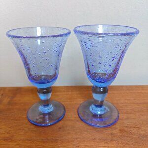 Vintage Biot Blue Bubble Hand Blown Art Glass Set of 2 Goblet Glasses